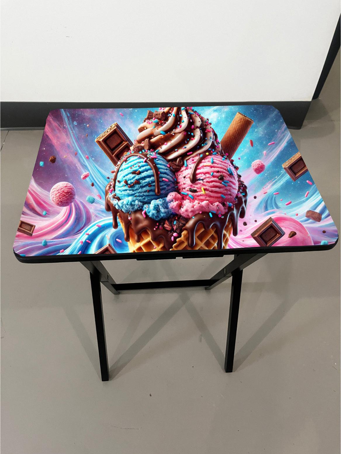 Ice Cream Cone: Folding Tray Table, Classic Foldable TV Tray - Black with Custom Design