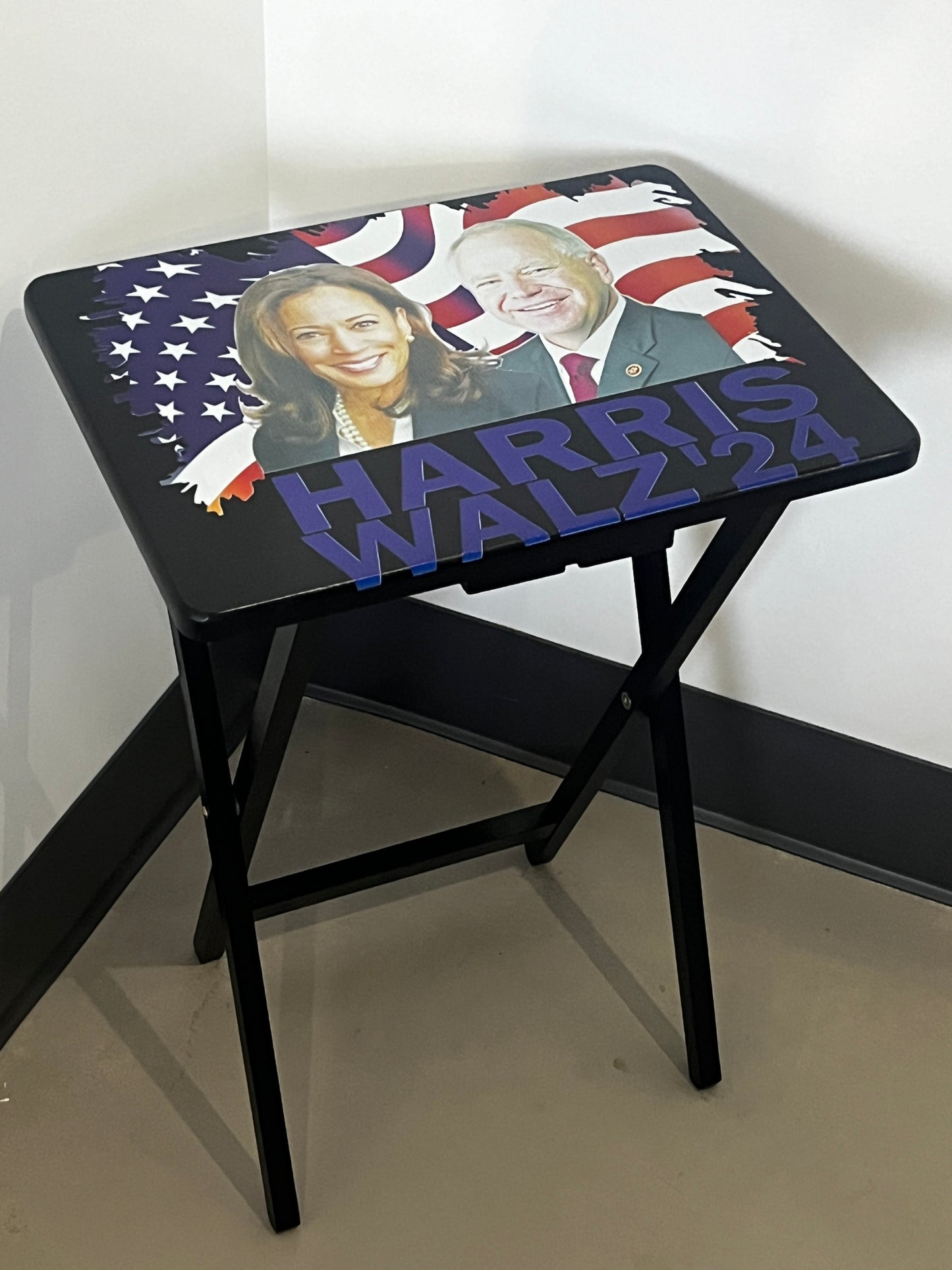 Harris-Walz '24: Folding Tray Table, Classic Foldable TV Tray - Black or Wood Finish Custom Design