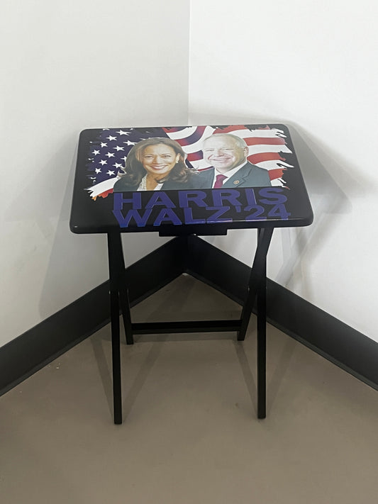 Harris-Walz '24: Folding Tray Table, Classic Foldable TV Tray - Black or Wood Finish Custom Design