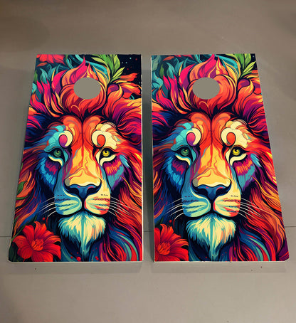 Colorful Lion Theme: Cornhole Boards, 2'-4' Solid Wood (Set of 2)