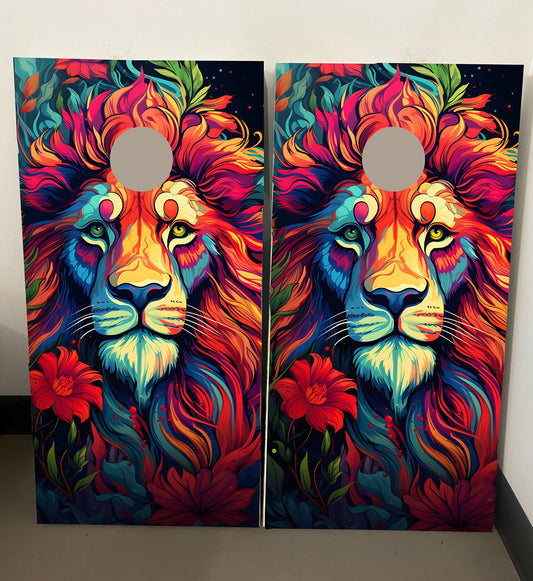 Colorful Lion Theme: Cornhole Boards, 2'-4' Solid Wood (Set of 2)