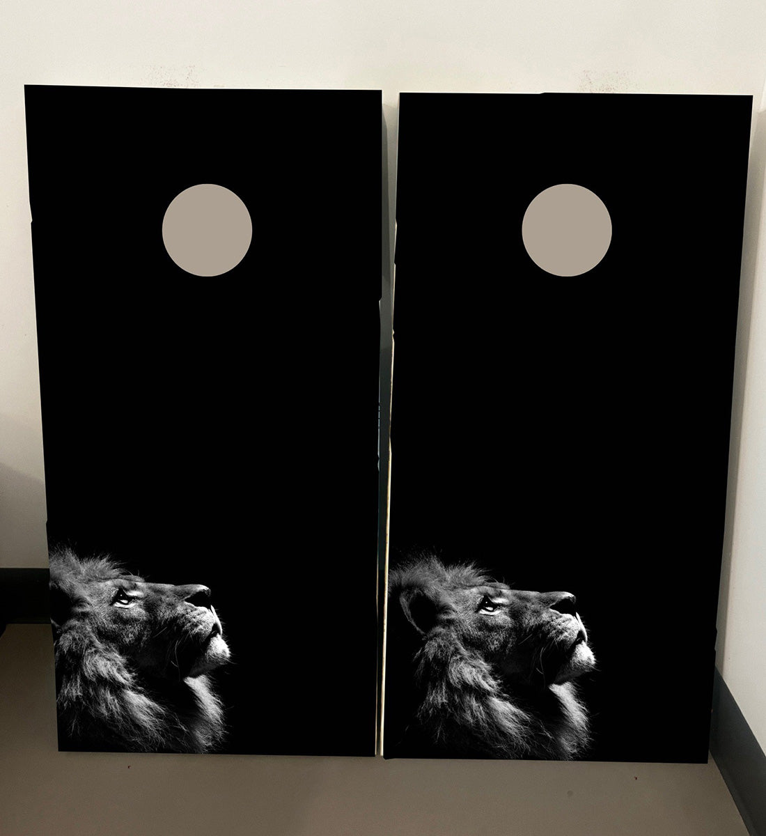 Lion Gaze Dark Theme: Cornhole Boards, 2'-4' Solid Wood (Set of 2)