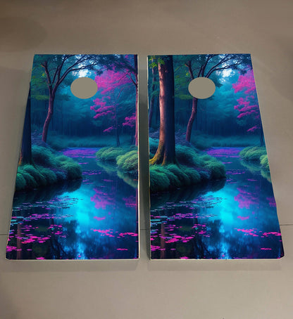 Night Lagoon Theme: Cornhole Boards, 2'-4' Solid Wood (Set of 2)